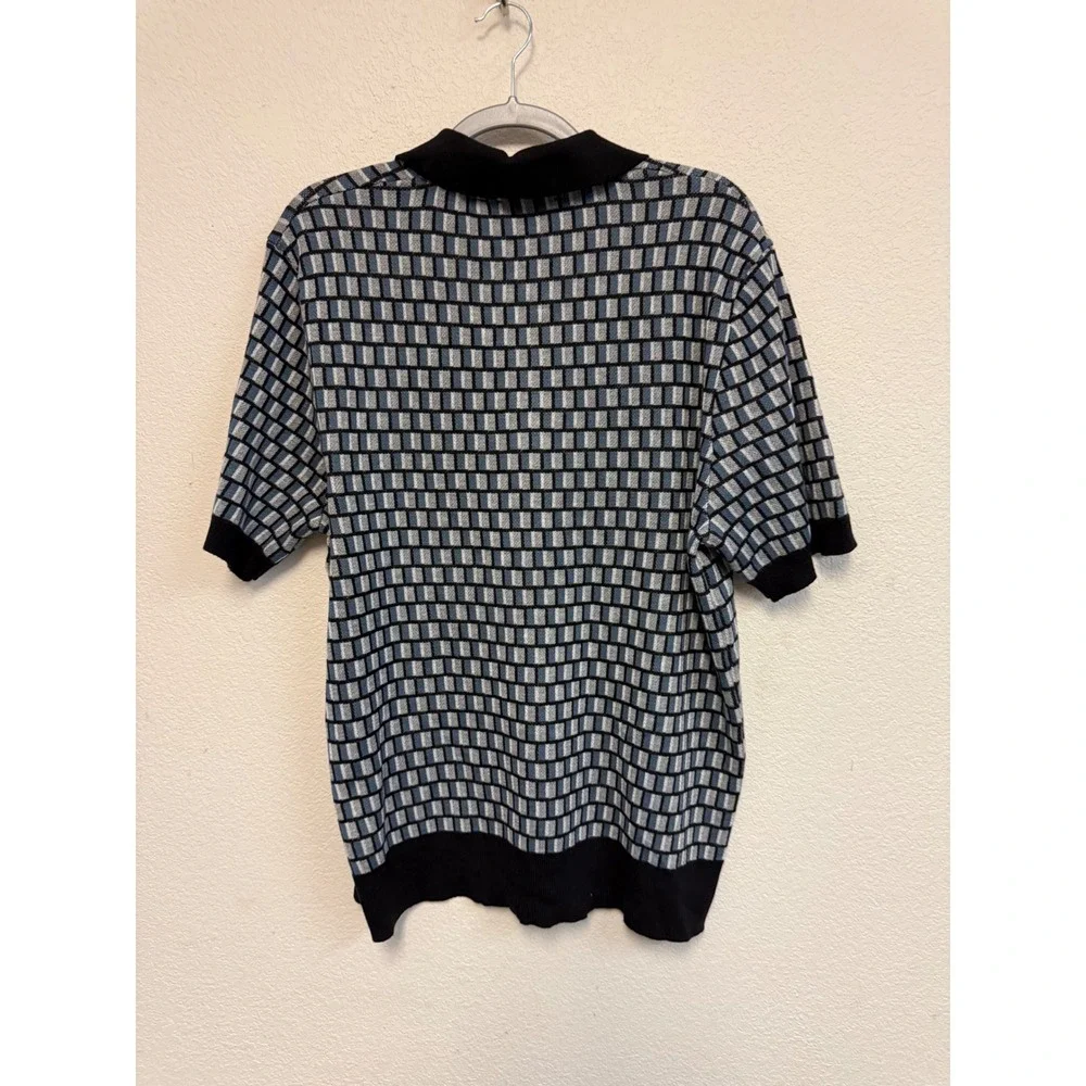 Elie Tahari Mens Blue Black Geometric Knit Polo Shirt Short Sleeve Wool Blend L
